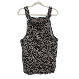 Love Fire Women's Large Overall Animal Print Brown Utility Dress Denim Stretch